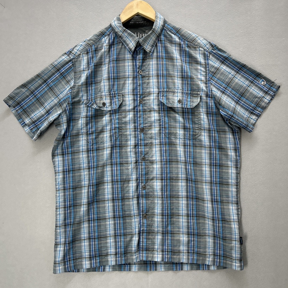 Kuhl ELĆXUR Mountain Grown Performance Dual Flap Pockets Blue Plaid Shirt Men L